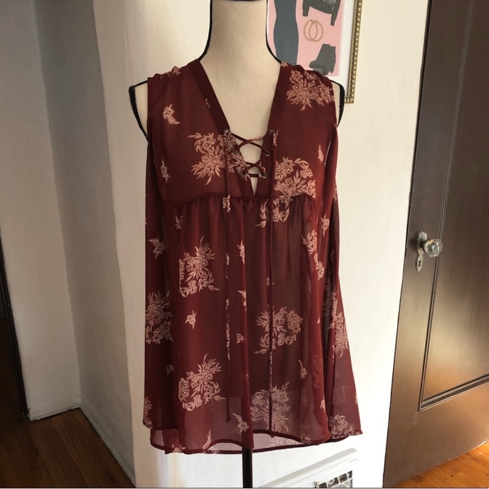 Lily White Red Lace Floral Detail Top with Crisscross Neck Accent